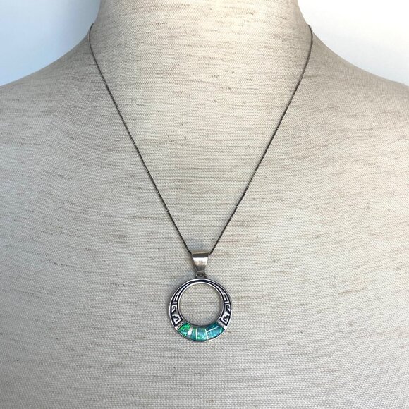 VTG Sterling Silver 925 Navajo Opal Inlay Southwest Style Pendant Necklace 18" - Picture 2 of 16